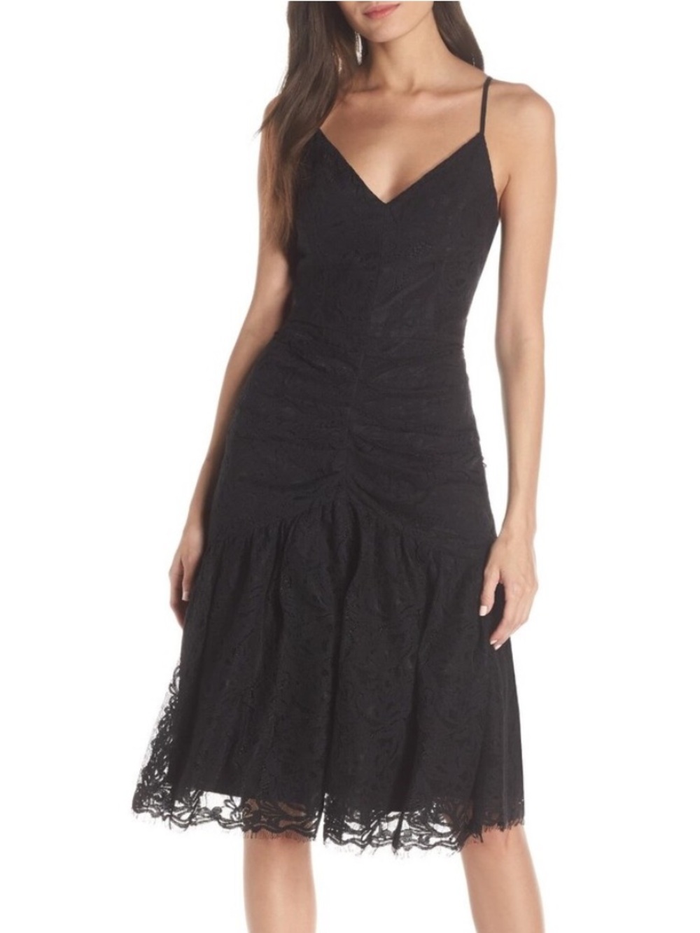 NWT Harlyn Ruched Front Lace Midi Dress